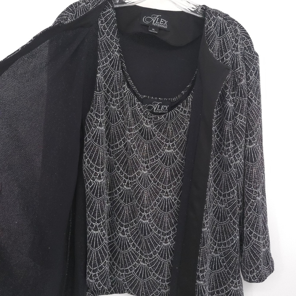 Alex Evenings Twin Set Women XL Black Silver Metallic Scallop Jacket Tank 2pc - Picture 4 of 9